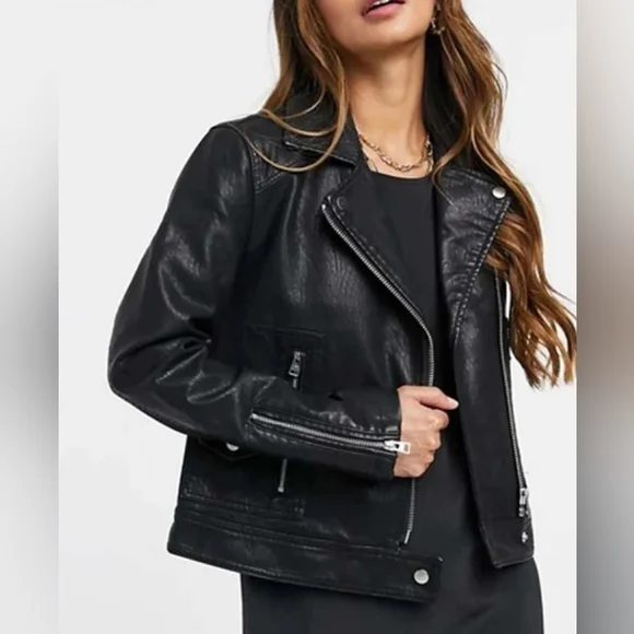 Topshop Black Leather Biker Jacket - Picture 1 of 11